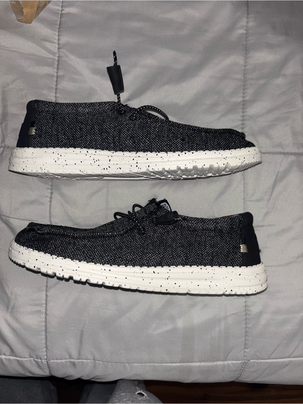 Hey Dude Black Knit Slip-On Loafers with Speckled White Sole